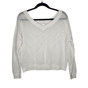 Venus Woven Knit White Mesh Sweater Cropped V Neck Capsule Wardrobe Neutral Sz M